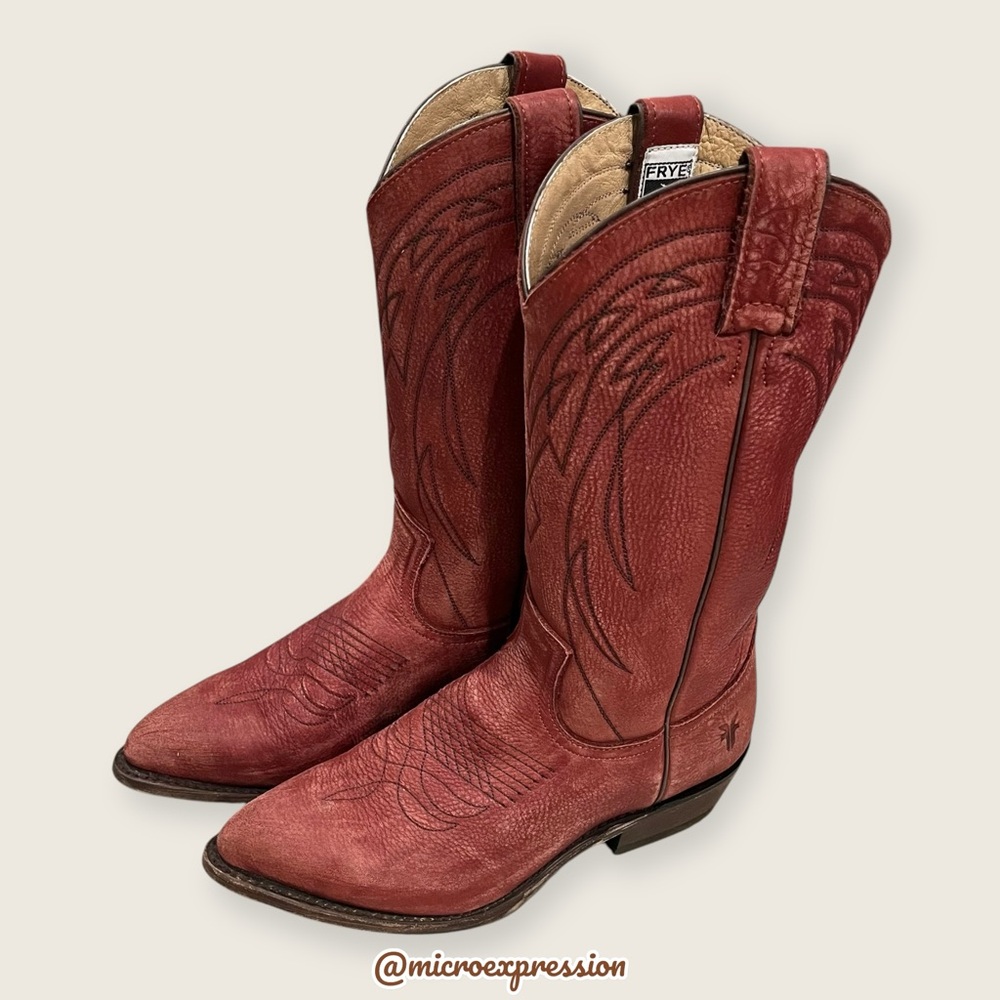$385 Frye Billy Vintage Red Brick Leather Embroidered Pull-On Cowgirl Tall Boot - Picture 14 of 15